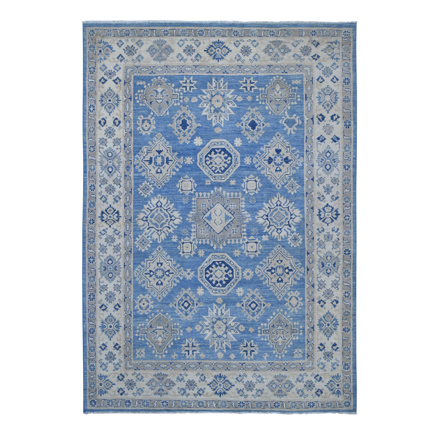 6'x8'5" Carolina Blue, Vintage Look Kazak with Geometric Elements, 100% Wool, Hand Knotted, Natural Dyes, Oriental Rug 